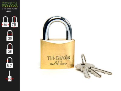 Tri-Circle 50mm Brass Padlock w/3 keys KA - Click Image to Close